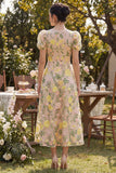 Abito midi floreale a V ricamato in tulle champagne con maniche a sbuffo