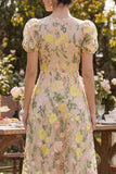 Abito midi floreale a V ricamato in tulle champagne con maniche a sbuffo