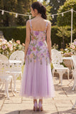 Abito midi floreale a scollo quadrato ricamato in tulle lilla
