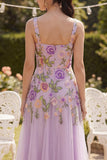 Abito midi floreale a scollo quadrato ricamato in tulle lilla