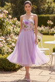 Abito Midi Floreale A Bromato in tulle lilla senza spalline