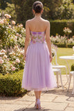 Abito Midi Floreale A Bromato in tulle lilla senza spalline