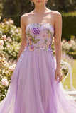 Abito Midi Floreale A Bromato in tulle lilla senza spalline