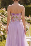 Abito Midi Floreale A Bromato in tulle lilla senza spalline