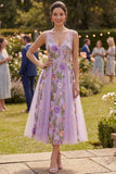 Abito floreale midi ricamato in tulle lilla A-Line con scollo a V