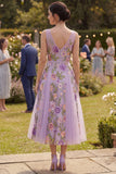 Abito floreale midi ricamato in tulle lilla A-Line con scollo a V