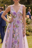 Abito floreale midi ricamato in tulle lilla A-Line con scollo a V