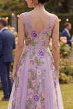 Abito floreale midi ricamato in tulle lilla A-Line con scollo a V