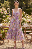 Abito floreale midi ricamato in tulle lillà A-Line