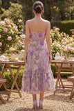 Abito floreale midi ricamato in tulle lillà A-Line