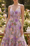 Abito floreale midi ricamato in tulle lillà A-Line