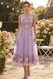 Abito midi floreale midi ricamato in tulle lilla a linea A