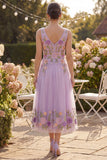 Abito midi floreale midi ricamato in tulle lilla a linea A