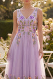 Abito midi floreale midi ricamato in tulle lilla a linea A