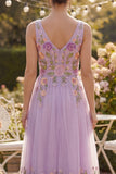 Abito midi floreale midi ricamato in tulle lilla a linea A