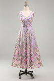 Abito midi floreale ricamato in tulle a V lilla