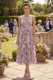 Abito midi floreale ricamato in tulle a V lilla
