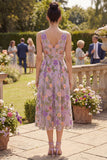 Abito midi floreale ricamato in tulle a V lilla