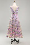Abito midi floreale ricamato in tulle a V lilla