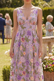 Abito midi floreale ricamato in tulle a V lilla