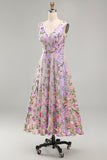 Abito midi floreale ricamato in tulle a V lilla