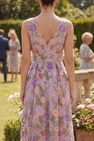 Abito midi floreale ricamato in tulle a V lilla