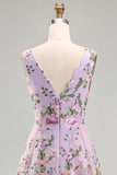 Abito midi floreale ricamato in tulle a V lilla