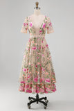 Blush con scollo a V in tulle ricamato abito midi floreale a maniche corte Vestito matrimonio invitata
