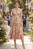 Blush con scollo a V in tulle ricamato abito midi floreale midi a maniche corte