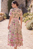 Blush con scollo a V in tulle ricamato abito midi floreale a maniche corte Vestito matrimonio invitata