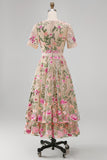 Blush con scollo a V in tulle ricamato abito midi floreale a maniche corte Vestito matrimonio invitata