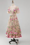 Blush con scollo a V in tulle ricamato abito midi floreale a maniche corte Vestito matrimonio invitata