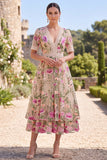 Blush con scollo a V in tulle ricamato abito midi floreale a maniche corte Vestito matrimonio invitata