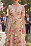 Blush con scollo a V in tulle ricamato abito midi floreale midi a maniche corte