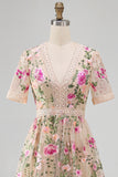 Blush con scollo a V in tulle ricamato abito midi floreale a maniche corte Vestito matrimonio invitata
