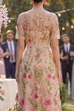 Blush con scollo a V in tulle ricamato abito midi floreale midi a maniche corte