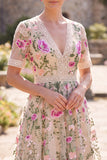 Blush con scollo a V in tulle ricamato abito midi floreale a maniche corte Vestito matrimonio invitata
