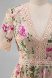 Blush con scollo a V in tulle ricamato abito midi floreale a maniche corte Vestito matrimonio invitata