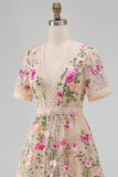 Blush con scollo a V in tulle ricamato abito midi floreale a maniche corte Vestito matrimonio invitata