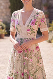 Blush con scollo a V in tulle ricamato abito midi floreale a maniche corte Vestito matrimonio invitata