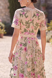 Blush con scollo a V in tulle ricamato abito midi floreale a maniche corte Vestito matrimonio invitata