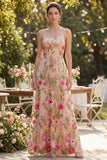 Vestito floreale lungo ricamato in tulle blush
