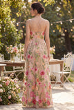 Vestito floreale lungo ricamato in tulle blush