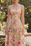 Vestito floreale lungo ricamato in tulle blush