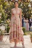 Blush con scollo a V in tulle ricamato a linee a A lungo abito floreale ricamato