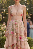 Blush con scollo a V in tulle ricamato a linee a A lungo abito floreale ricamato