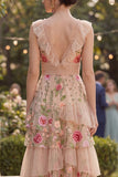 Blush con scollo a V in tulle ricamato a linee a A lungo abito floreale ricamato