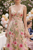 Abito midi floreale ricamato a V in tulle A-line blush
