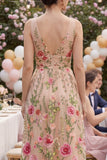 Abito midi floreale ricamato a V in tulle A-line blush
