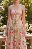 Abito Midi Floreale Bromato senza spalline in Tulle A-Line Blush
